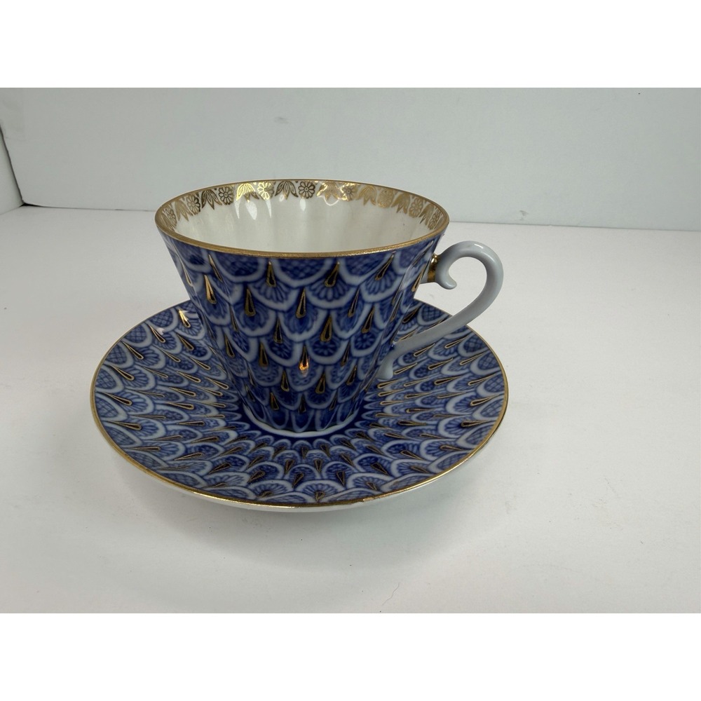 Lomonosov Porcelain Tea Cup Saucer Forget Me Not Cobalt Blue Gold USSR LFZ